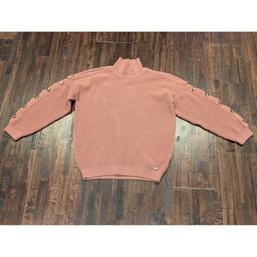 Guess Sweater Womens M Pink Mock Neck Button Sleeve Ribbed Knit Pullover Cold